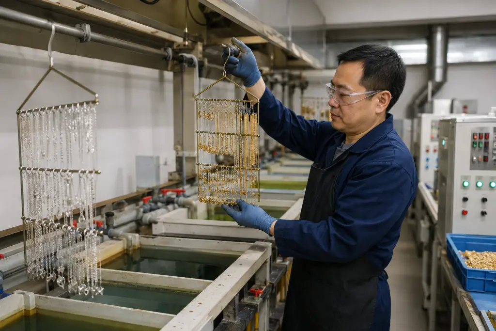 Jewelry components being processed on a plating production line