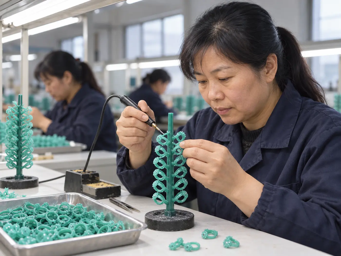 Illustration of a jewelry artisan assembling a green wax model tree for lost-wax casting