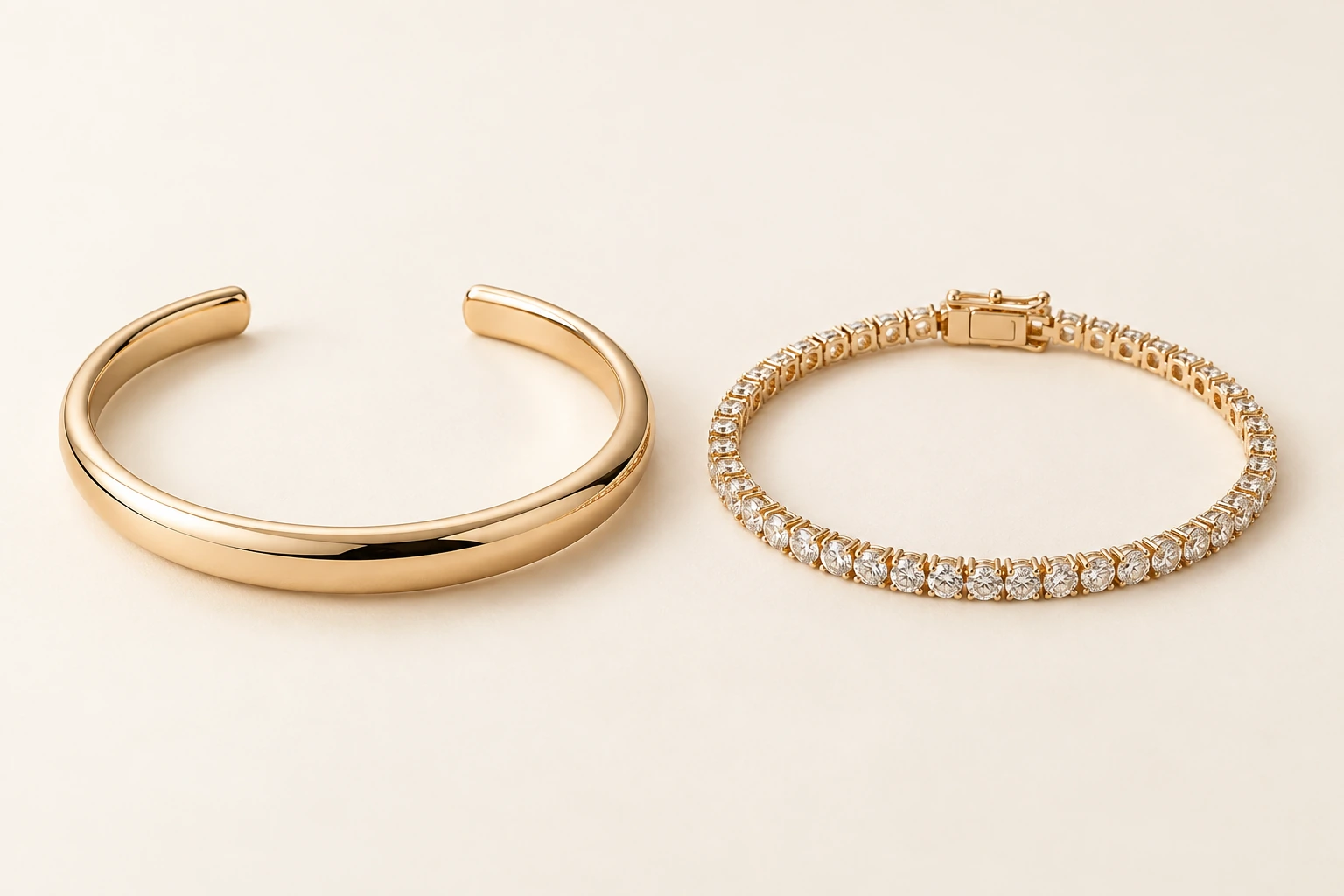 Gold-tone open cuff and clear-stone tennis bracelet