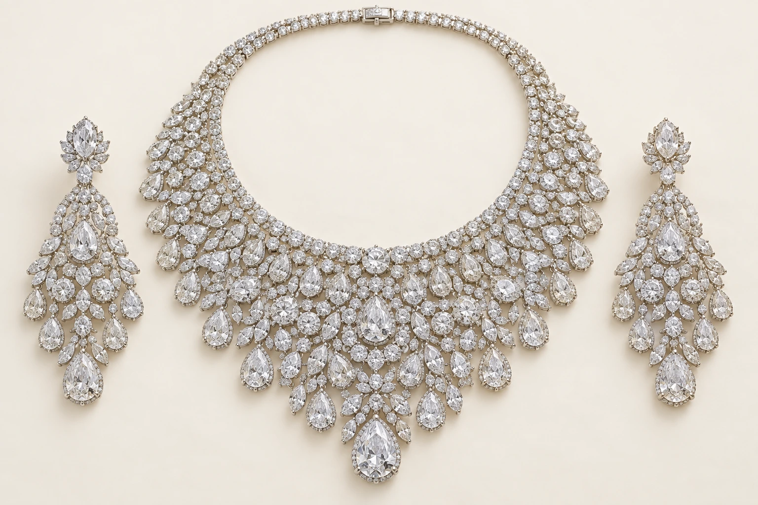 Full rhinestone bridal necklace with matching chandelier earrings