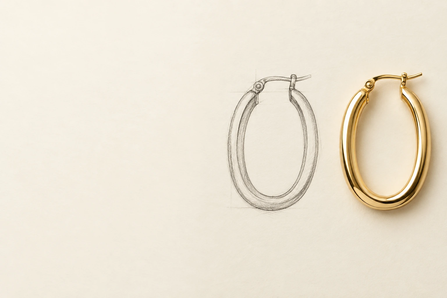 Pencil sketch of an oval hoop beside a finished gold-tone earring