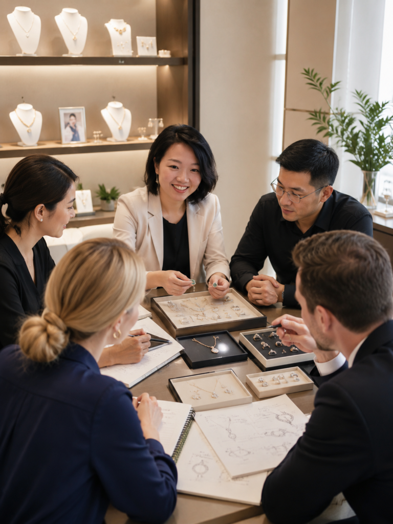 Brand clients reviewing jewelry samples with the KMJ manufacturing team during a custom jewelry project consultation.