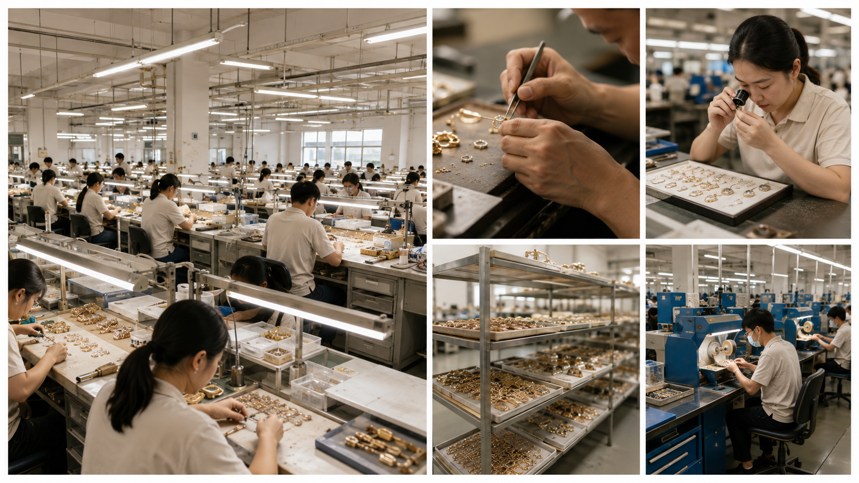 Jewelry manufacturing capability collage showing KMJ factory workshop, hand assembly, quality control inspection, storage racks and polishing area.