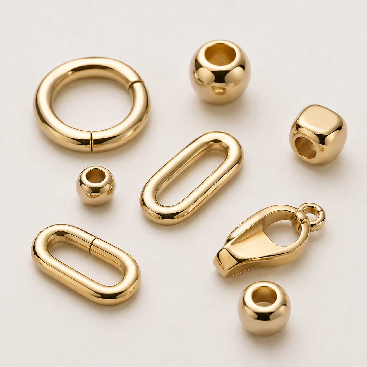 Vacuum PVD plating finishes in gold, silver and dark tones for stainless steel jewelry