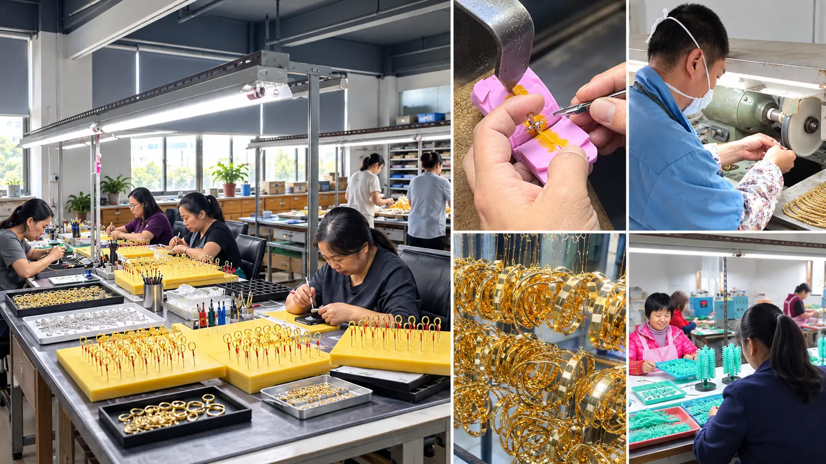 KMJ jewelry workshop showing assembly, stone setting, polishing and plated jewelry production