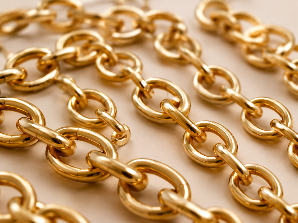Close-up of gold-tone brass jewelry chains showing surface finish, plating appearance and material texture for custom jewelry manufacturing.