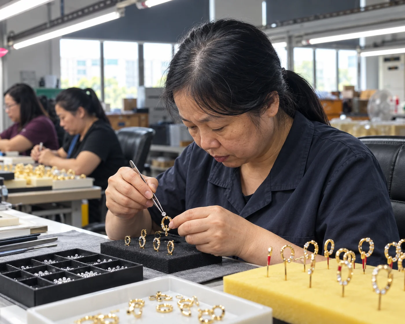 Jewelry artisan carefully setting clear stones into gold-tone earrings at a workshop bench.