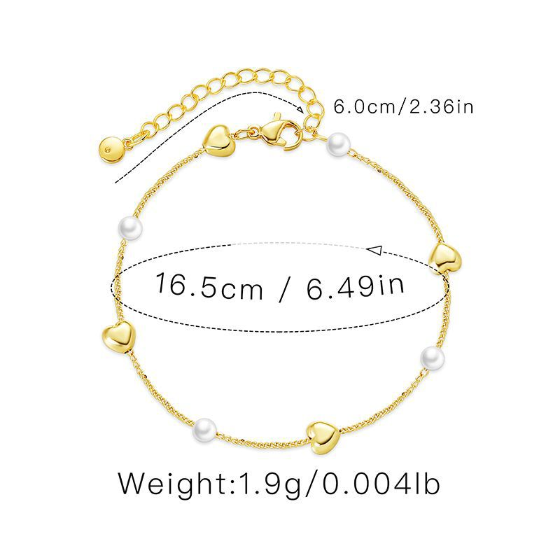Gold Tone Heart Charm Pearl Look Chain Bracelet — size reference