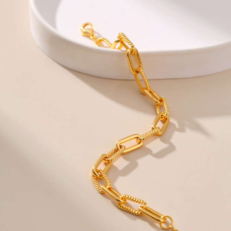 Gold Tone Textured Paperclip Chain Bracelet — second view