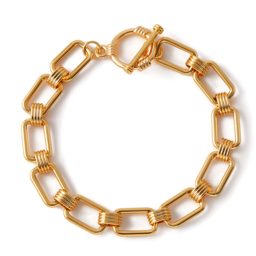 Gold Tone Rectangular Link Ribbed Connector Bracelet — product view
