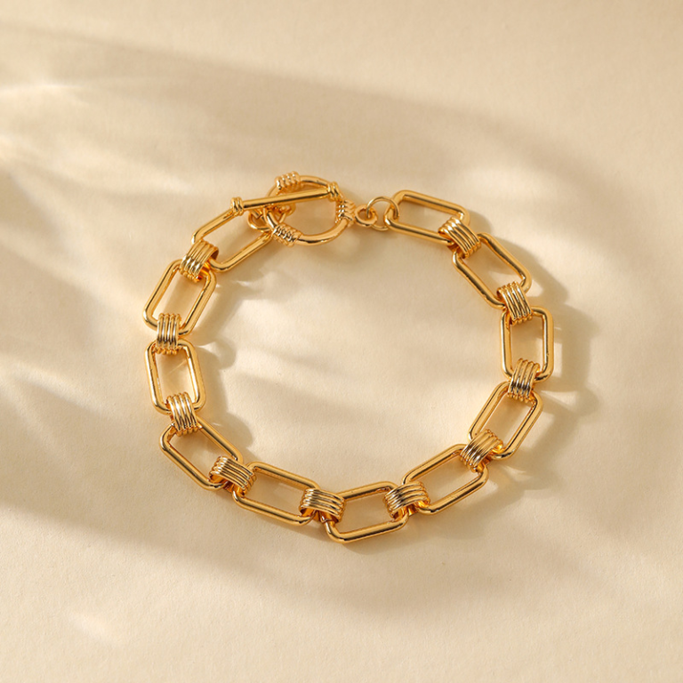 Gold Tone Rectangular Link Ribbed Connector Bracelet — second view