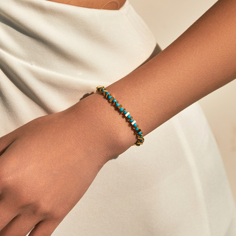 Gold Tone Blue Bead Toggle Bracelet — second view