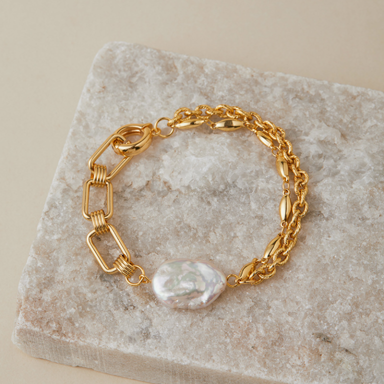 Gold Tone Mixed Chain Statement Bead Bracelet — second view