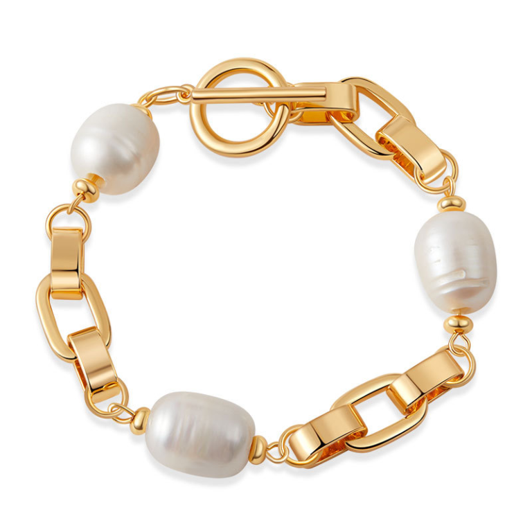 Gold Tone Rectangular Link Imitation Pearl Bracelet — product view