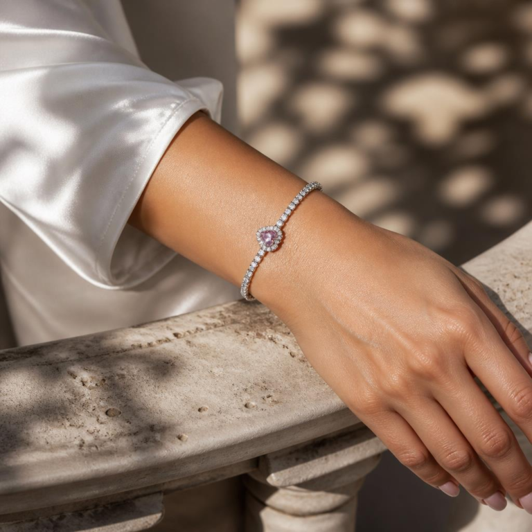 Silver Tone Purple Heart Zircon Tennis Bracelet — second view