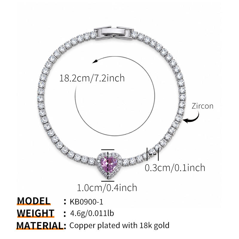 Silver Tone Purple Heart Zircon Tennis Bracelet — size reference