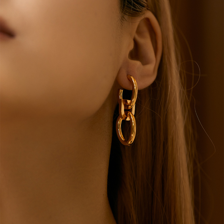 Gold Tone Oval Link Drop Hoop Earrings — second view