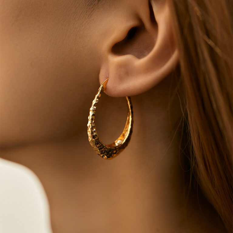 Gold Tone Hammered Teardrop Hoop Earrings — second view