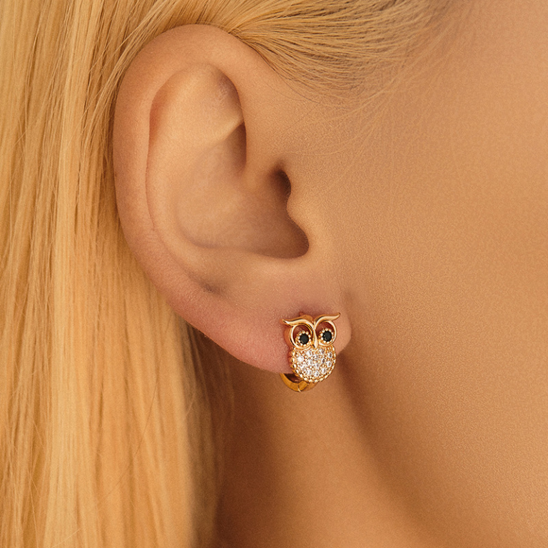Gold Tone Clear Stone Owl Hoop Earrings — second view