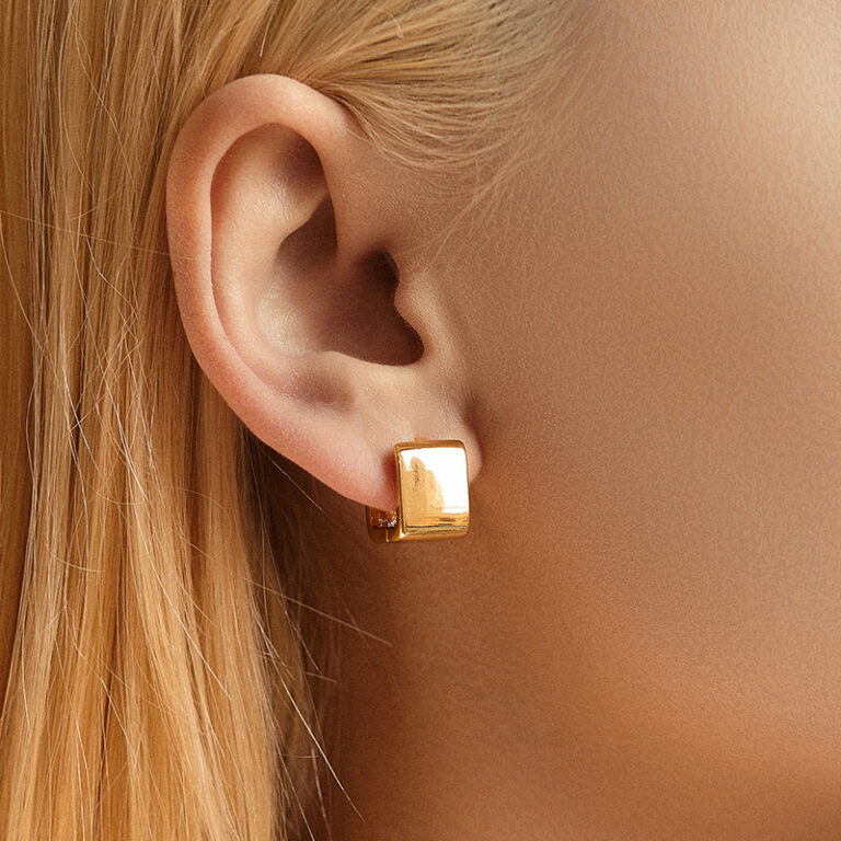 Gold Tone Square Huggie Hoop Earrings — second view