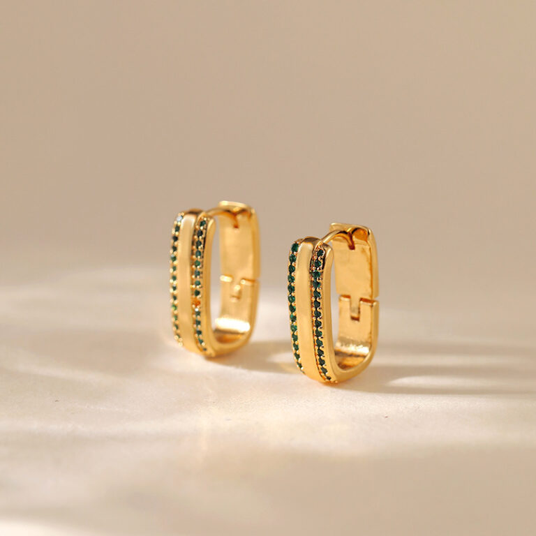 Green Stone Rectangular Hoop Earrings — product view