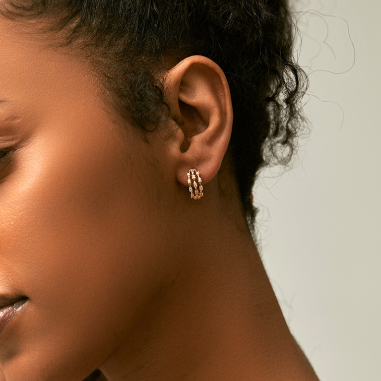 Gold Tone Multi Row Clear Stone Hoop Earrings — second view