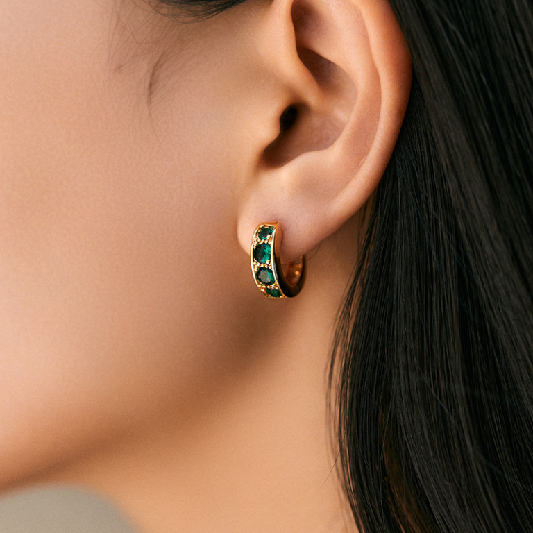 Gold Tone Green Stone Huggie Hoop Earrings — second view