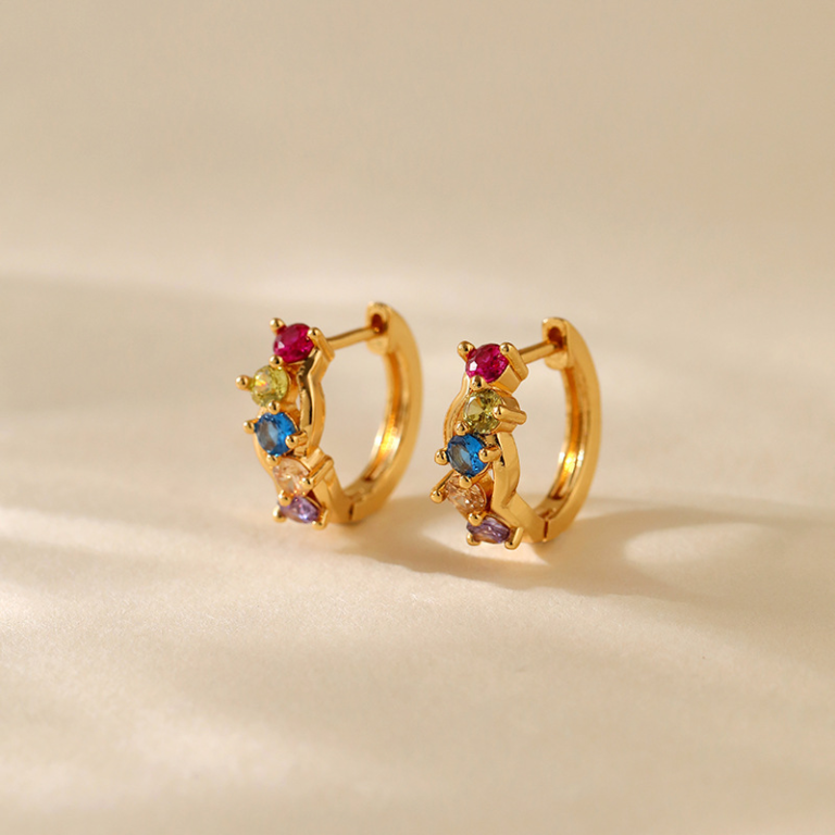 Gold Tone Multicolor Stone Hoop Earrings — product view