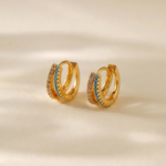 Gold Tone Blue Stone Double Band Hoop Earrings — main view thumbnail