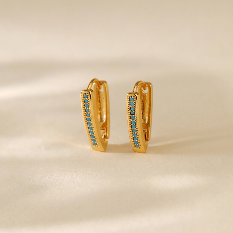 Gold Tone Blue Stone Slim Huggie Hoop Earrings