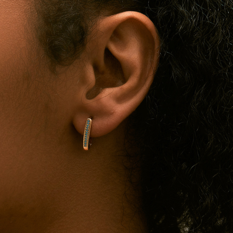 Gold Tone Blue Stone Slim Huggie Hoop Earrings — second view