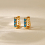 Gold Tone Blue Stone Wide Rectangular Hoop Earrings — main view thumbnail