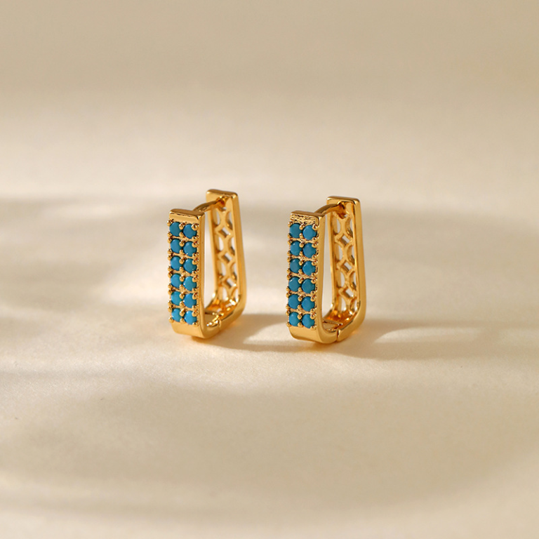 Gold Tone Blue Stone Wide Rectangular Hoop Earrings