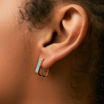 Gold Tone Blue Stone Wide Rectangular Hoop Earrings — second view thumbnail