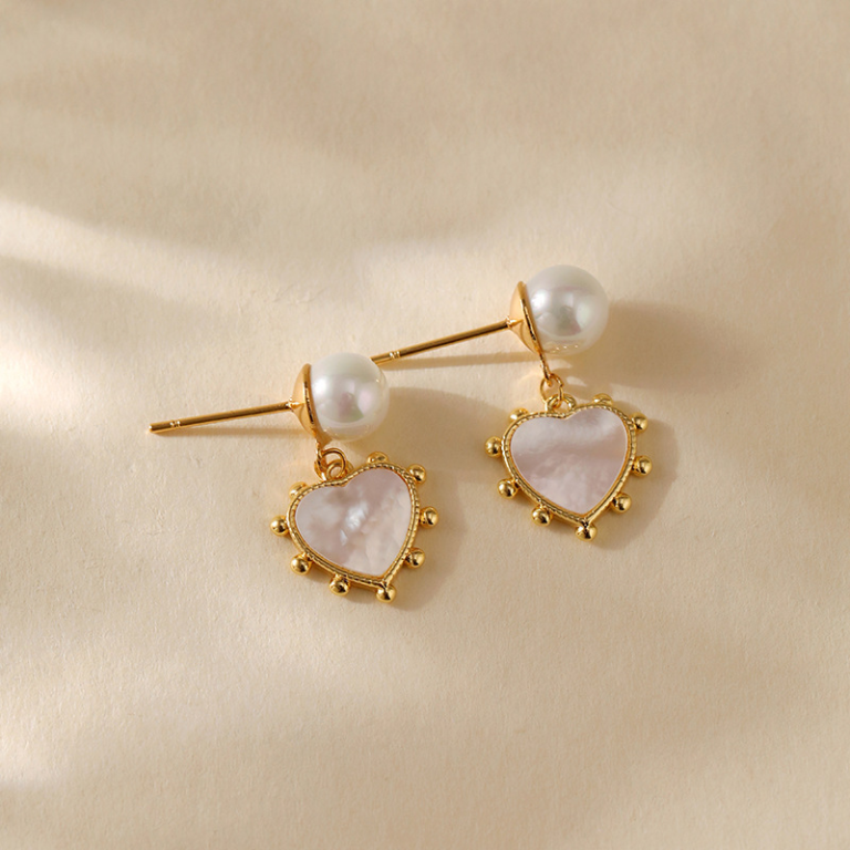 Gold Tone Heart and Pearl Look Drop Earrings — product view