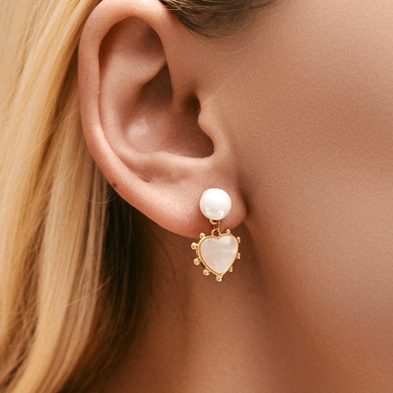 Gold Tone Heart and Pearl Look Drop Earrings — second view