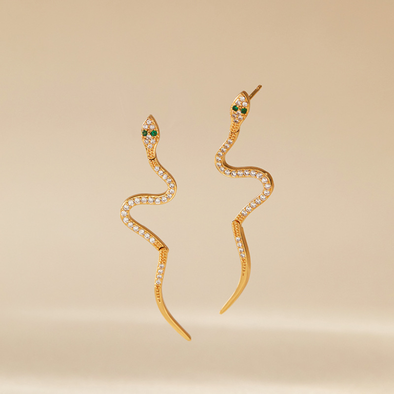 Gold Tone Clear Stone Snake Drop Earrings — product view