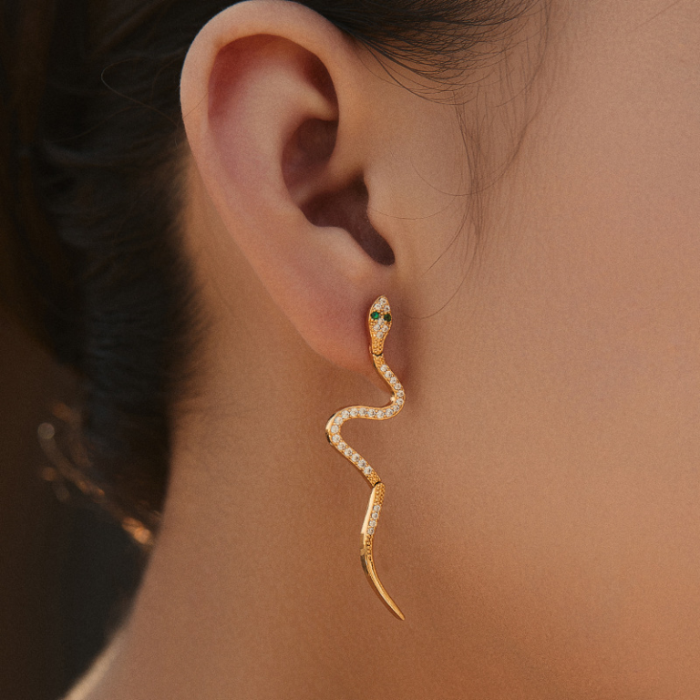 Gold Tone Clear Stone Snake Drop Earrings — second view