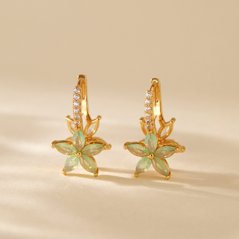 Gold Tone Green Flower Drop Hoop Earrings — product view
