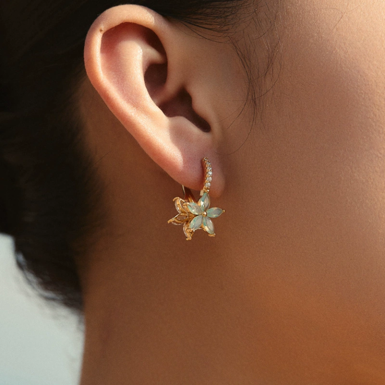 Gold Tone Green Flower Drop Hoop Earrings — second view