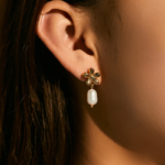 Gold Tone Flower and Pearl Look Drop Earrings — second view thumbnail