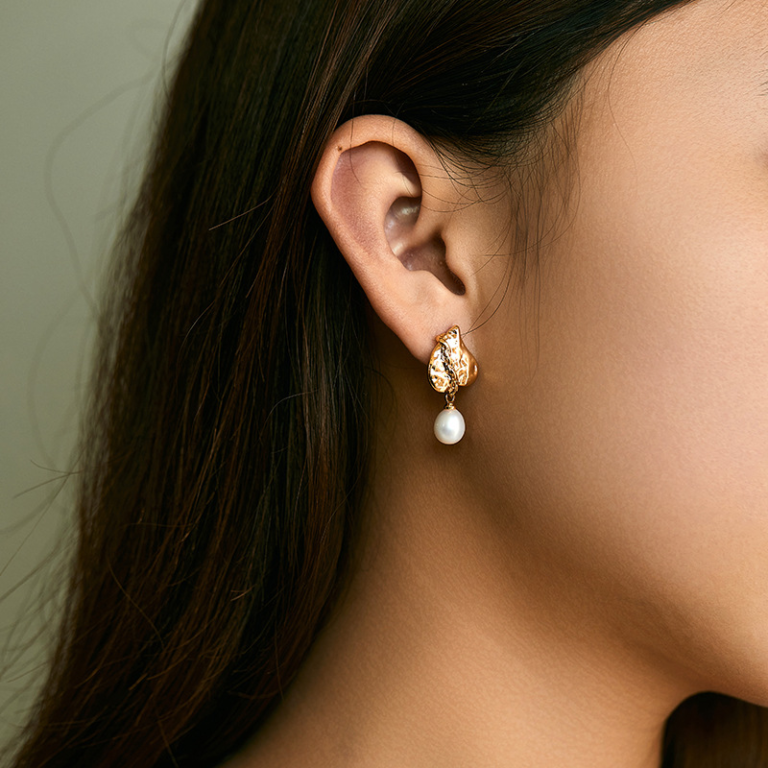 Gold Tone Organic Motif and Pearl Look Drop Earrings — second view