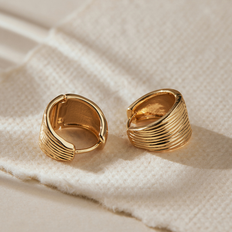 Gold Tone Ribbed Wide Huggie Hoop Earrings — product view