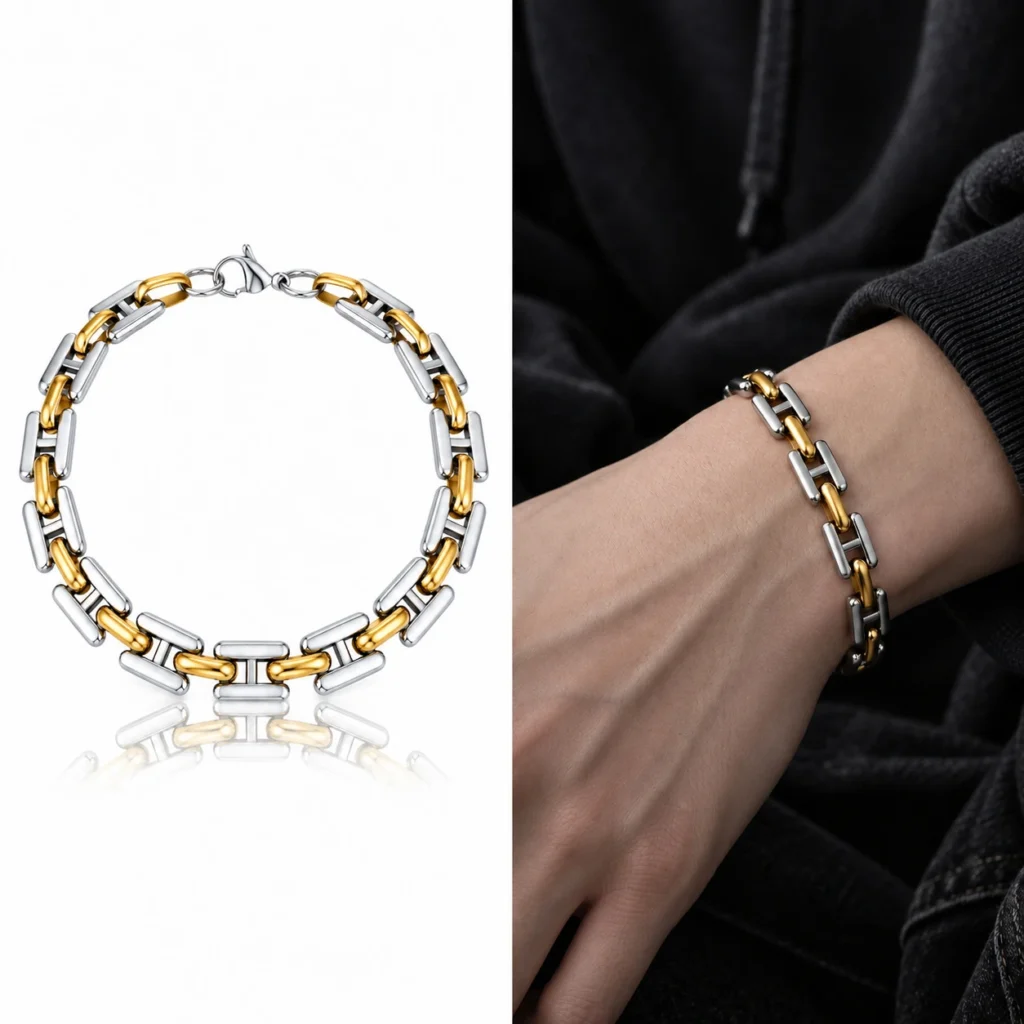 Men’s Two Tone Rectangular Link Bracelet — size reference