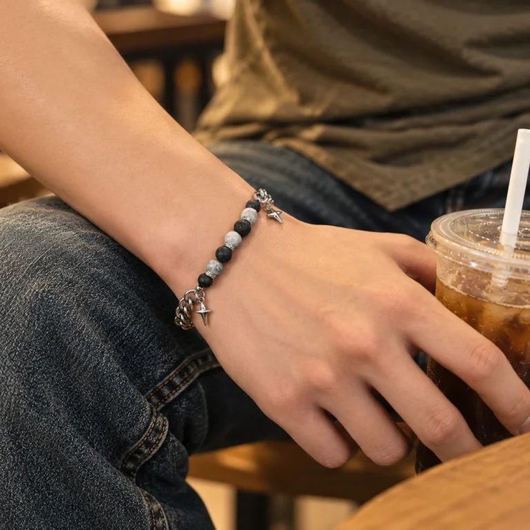 Men’s Black Bead Curb Chain Bracelet — second view