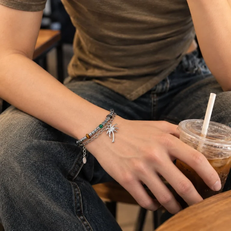 Men’s Leaf Charm Double Chain Bracelet — second view