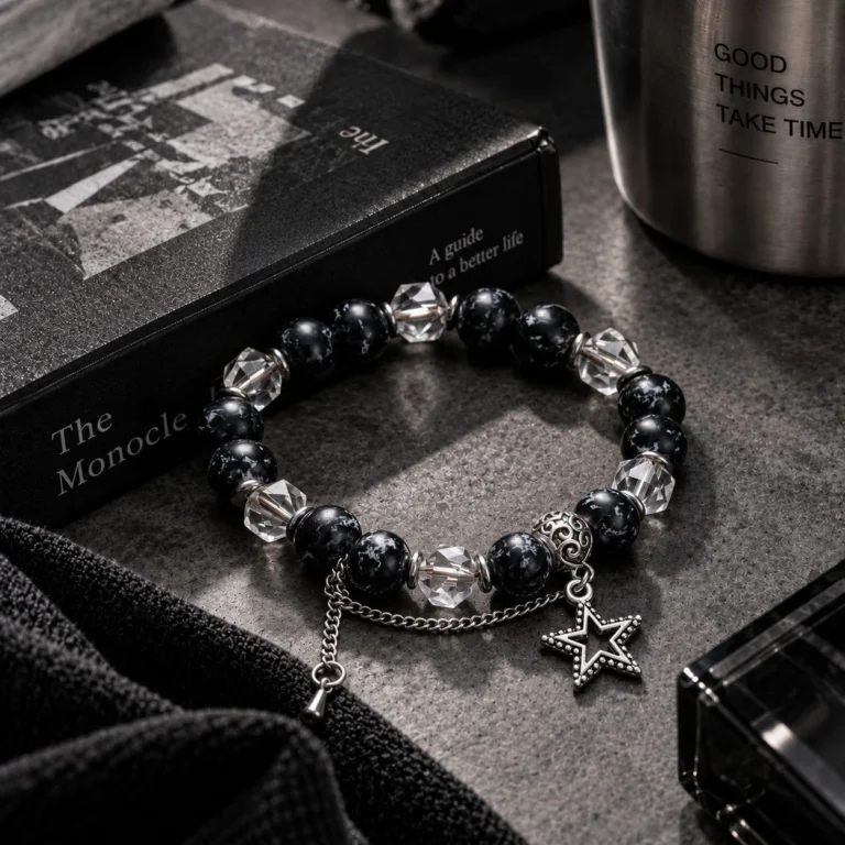 Men’s Black Bead Star Charm Bracelet — second view