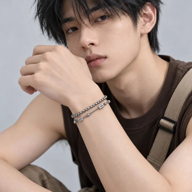 Men’s Silver Tone Textured Link Bracelet — second view