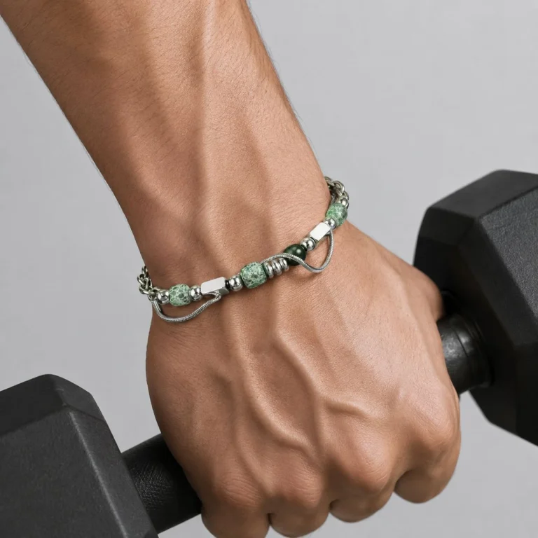 Men’s Green Bead Mixed Link Bracelet — second view