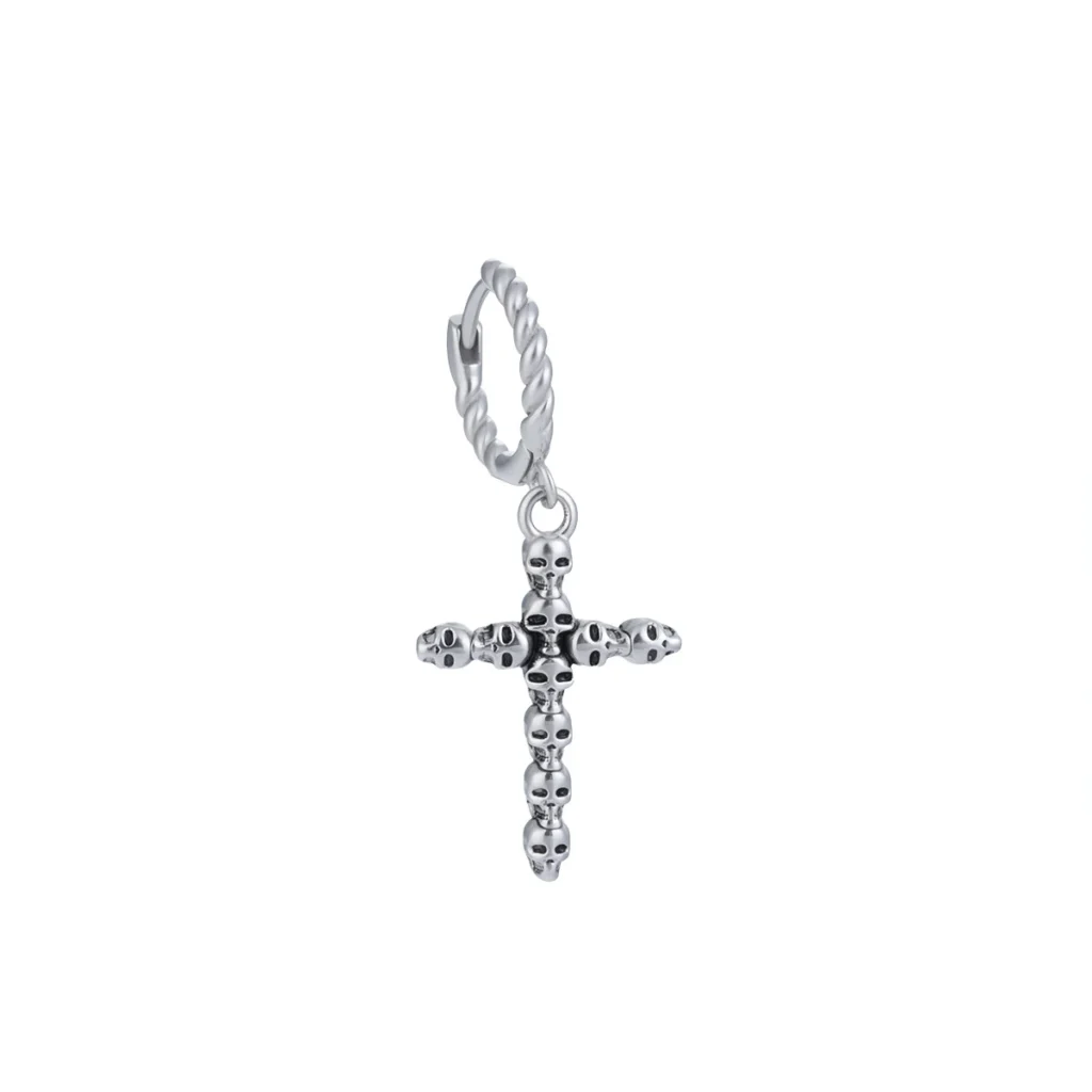 Men’s Ornate Cross Drop Hoop Earring — product view